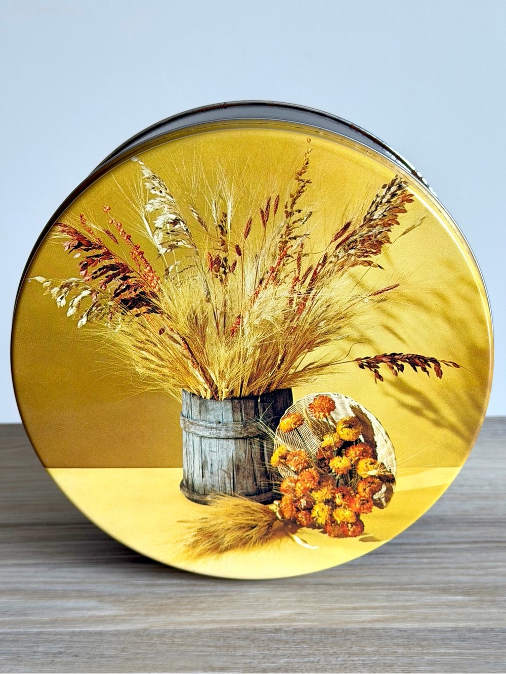 Vintage Decorative Tin Fall Autumn Yellow Floral Round Retro Storage Container